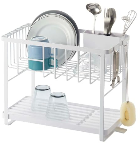 Yamazaki 4386 TOWER 2-Level Dish Drainer Rack, white, Steel/ABS Resin/Polypropylene/Silicone, Minimalist, 41 x 22 x 33 cm