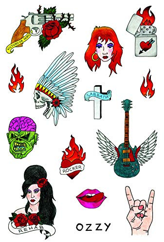 Tatsy The Rock N Rolla Set, Tatouages Temporaires de Qualité pour Femme et Homme, Designs Rock & Roll avec Guitare et Motifs Rocker, Kit de Fête Rock Star, Tatouages Imperméables Originaux