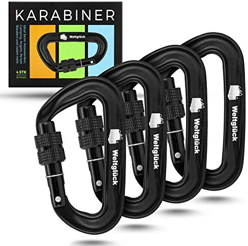 Weltglück® Karabiner Set in schwarz - 1200kg Belastbarkeit für unschlagbare Sicherheit - hochwertig, langlebig & robust - ideal zur Befestigung von Wertgegenständen - inkl. 4er Pack