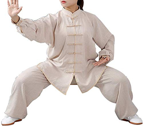 Tai Chi Anzug Herren,Baumwolle Und Leinen Tai Chi Kleidung Unisex Kampfsport Kleidung Kung Fu Kleidung Für Männer Und Frauen (EIN Set),Khaki-L
