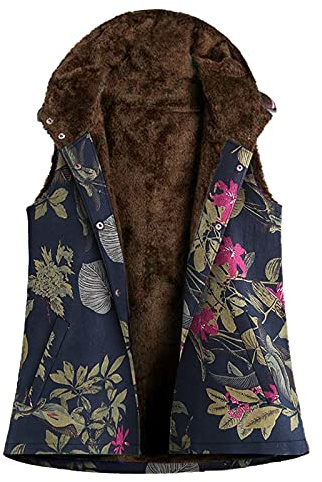 Väst dam med huva – varm sherpafodrad väst med fickor knappar vintage väst fleece huvtröja ärmlös jacka etniskt blommönster ytterkläder kappa, M – 3XL, marinblå, M