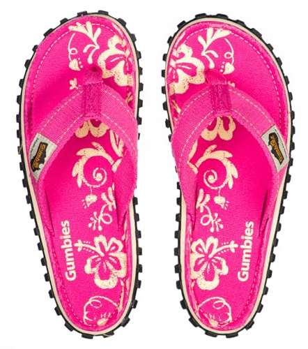 Gumbies Originals Damen - Flip Flops aus recycelten Materialien - profilierte Sohle aus wiederverwerteten Autoreifen, weiches Fußbett aus Canvas-Baumwolle, bequemer Zehensteg - Pink Hibiscus, 37