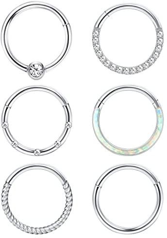 Adramata 6 Stück Nasenring Set - 16G 18G Septum Ring für Damen Herren - Silber Nostril, Helix, Conch, Tragus, Ohr und Lippen Piercing aus Chirurgenstahl