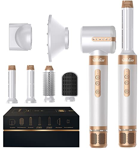 Air Styler 7 In 1, 110000 U/Min Hochtouriger Motor Haartrockner Warmluftbürste Set Mit 7 Aufsätze, Trocknen, Glätten, Locken, Volumengeben, Massieren der Kopfhaut, Ionen Pflege (Weiß)