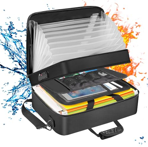Feuerfeste Dokumententasche mit Schloss,A4 Ordner,Aktenordner, 13 Fächer Organizer 36 x 27 x14 cm Fächermappe Mehrschichtige Dokumentenbox zur Aufbewahrung von Zertifikaten,Papieren,Reisepässen