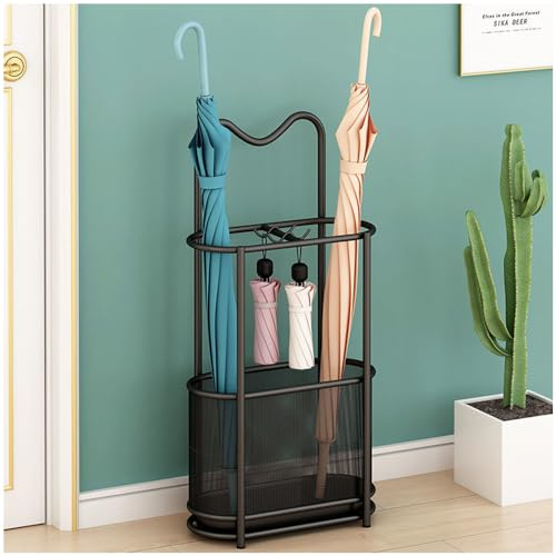 SINBINTA Metal Umbrella Stand,Free Standing Holder Rack with Hooks and Drip Tray,Walking Stick Holder Organizer for Hallway Entryway (Black)