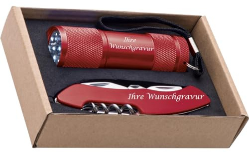 Set bestehend aus Taschenlampe und Taschenmesser mit Gravur / Farbe: rot