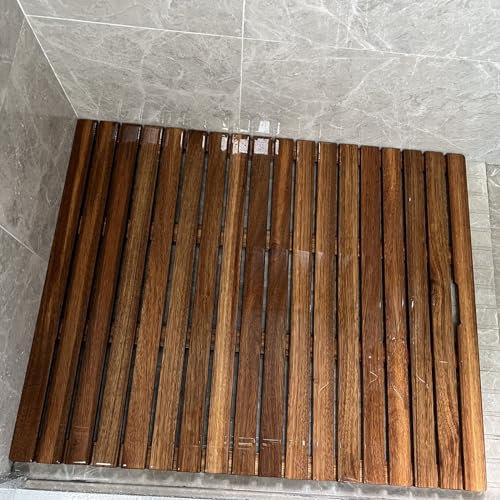 Rv Erhöhte Teak-Duschmatte für Innendusche, 30 31 33 35 37 Zoll breite Duschbodenmatte mit Abflussloch in der Mitte, wartungsfrei, Schieferplattform-Badematte aus Holz für den Boden (Größe:
