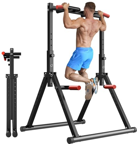 WATBKHE Foldable Power Tower Pull Up Bar Dip Station, Pull Up Bar Standing for Home Gym Adjustable Height, Multi-Functional Workout Equipment Strength Training Machine, Support 460LBS