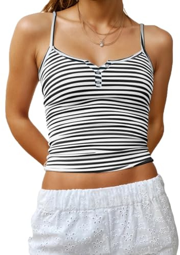 Cioatin Women Cute Sleeveless Striped Print Button Up Crop Cami Y2K Spaghetti Straps Backless Tank Shirt Going Out Tops Black