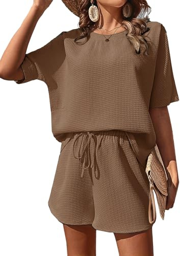 JFAN Completo Donna Estivo 2 Pezzi Maniche Corta con scollo rotondo e Pantaloncini Bermuda Vita Alta con Coulisse Elegante Tuta Casual Estiva Spiaggia,Marrone,XL