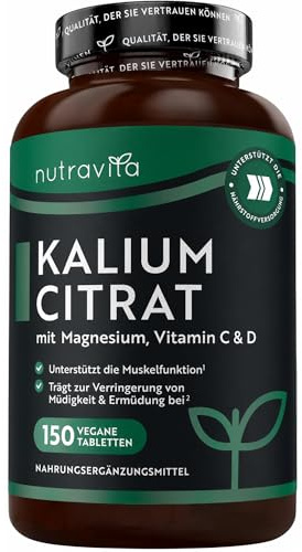 Nutravita Integratore di potassio 525 mg con vitamine C, D e magnesio - 150 compresse vegane - Citrato di potassio ad alto dosaggio - l'equilibrio elettrolitico & normale funzione muscolare