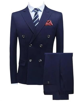 Conjunto de traje de tres piezas de color sólido para hombre, casual, vestido de novia, blazer y pantalones, Doble fila azul marino, 5XL