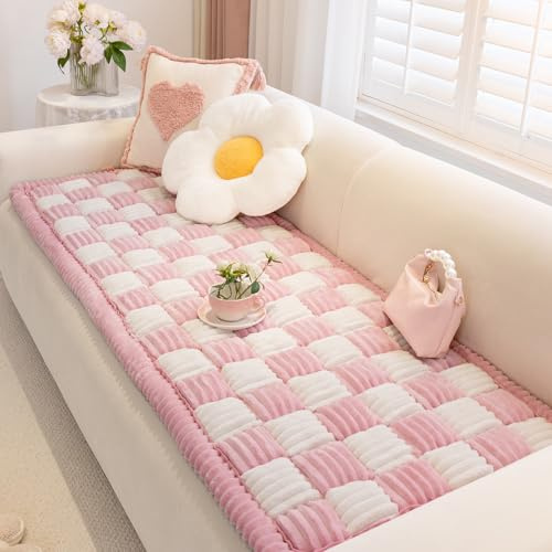 AEEISHOMEREFORM Sofaüberwurf rutschfest waschbar, Flanell Couchauflage extra dick mit Anti-Rutsch-Unterseite, Sofaschoner für 2/3/4-Sitzer & Haustiere, Karo (Rosa, 70x150cm)