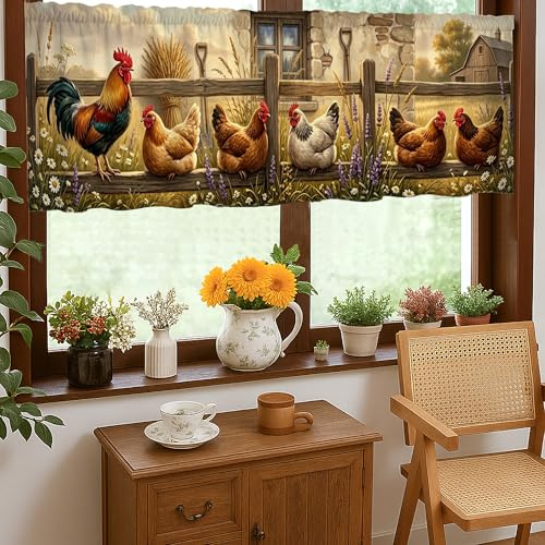 Küchenvorhänge mit Hahn, ländlicher Vintage-Stil, Henne / Scheune, braun, Einzelpaneel für Fenster für Waschküche, Waschbecken, Flur, Wohnung, Fensterdekoration, 45,7 x 132,7 cm