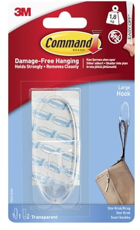 Command Large Hook, Clear, 1 Hook and 2 Adhesive Strips | Adhesive Wall Hook, Damage-Free Hanging for Coats, Bags and Accessories, Ideal for Wardrobes, Holds 1.8 kg, Removes Cleanly