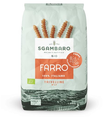 Sgambaro Pasta di Farro Selezione Bio Trivelline N.47 - 500g Pasta Farro 100% Italiana - a Basso Contenuto di Grassi, Fonte di Fibre, Proteine e Zinco - Ideale per Diete Sane e Naturali