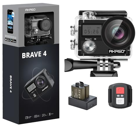 AKASO Action Camera 4K 20MP Action Kamera/Unterwasserkamera mit Bildstabilisierung Zoom Zeitraffer, 30m Camcorder mit Fernbedienung 2 Akkus und Zubehör Kit