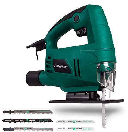 VONROC Sierra de calar 550W - Sistema de cambio rápido, con 5 cuchillas de sierra para madera y metal