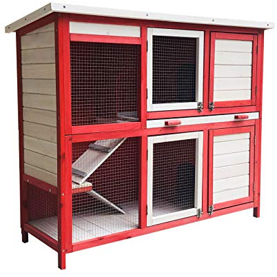 Wiltec Kaninchenstall rot weiß 1175 x 410 x 1000 mm, Hasenstall als Ergänzung für Freilauf, Kaninchenkäfig Hasenkäfig mit 4 Türen und Treppe