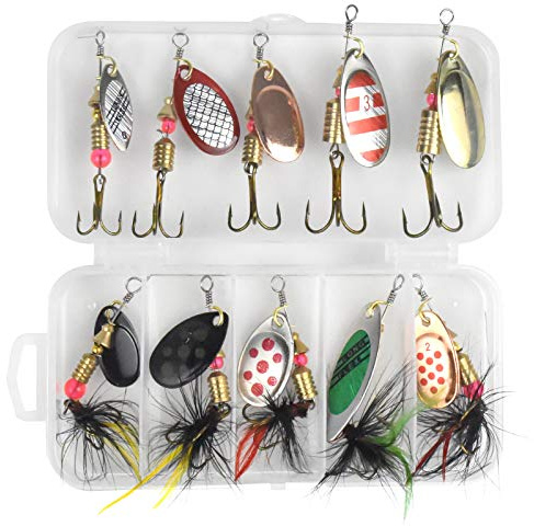 Chstarina 10 Stück Angelköder Spinnfischen Spinner Köder Rotierende Pailletten Fischköder Set Künstlicher Angelköder mit Drillinge Haken für Hecht Zander Barsch Forelle