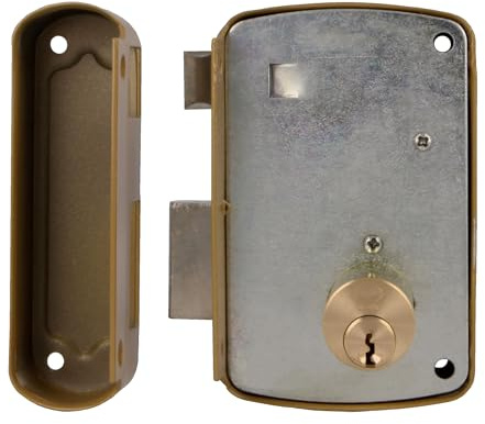 Amig - Serratura da sovrapposizione a destra con leva di chiusura, linguetta e maniglia per porte in legno mod. 75U | 76 x 120 mm | Cilindro rotondo di sicurezza | Acciaio dorato