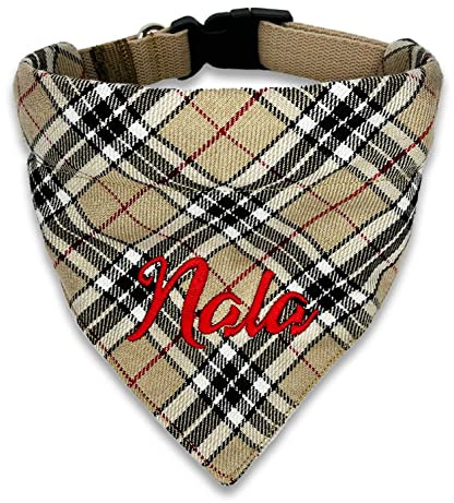 Hundehalstuch mit Hundehalsband Verstellbar mit Namen bestickt Schotten Karo 6 Farben (Beige)