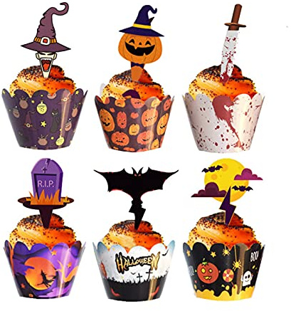 48 Stück Halloween Cupcake Dekoration - Kürbis, Spinne, Schädel, Zauberer Muffin Zahnstocher Flagge - Handarbeit DIY