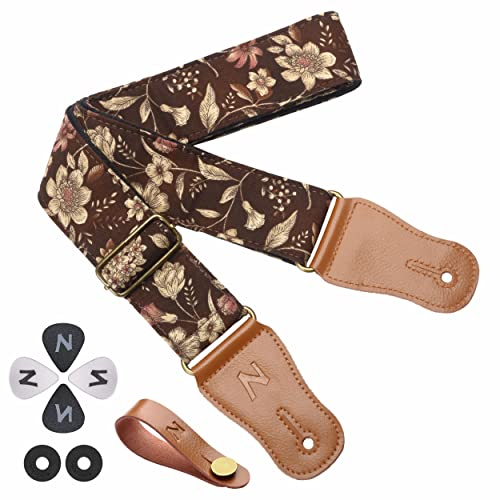 Nefelibata Gitarrengurt, Japan Hot-Bronzing Baumwolle Akustikgitarrengurte mit echtem Leder Enden für E-Gitarre, Bass & Ukulele. Inklusive Riemen Taste, Gitarre Picks und Gurt Schlösser