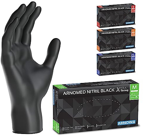ARNOMED Einweghandschuhe Schwarz Extra Stark, Einmalhandschuhe M, 50% dickere Nitrilhandschuhe, 100 Stk./Box, Handschuhe Einweg puderfrei, latexfreie Gummihandschuhe, Einweghandschuhe in S, M, L & XL