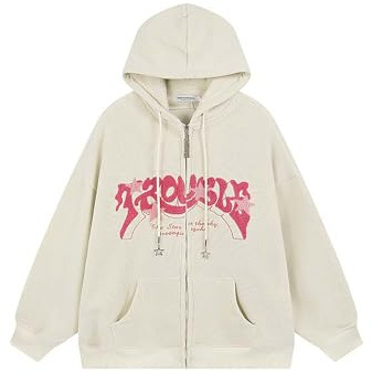 Sumleno Y2K Sweat à Capuche zippé en Velours côtelé imprimé Lettre étoile Graphique Grunge surdimensionné rétro Y2k vêtements, Beige, Medium