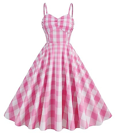 Odizli Rockabilly Kleider Damen 50er Jahre Petticoat Kleid Vintage Elegant Spaghettiträger Kariert Sommer Swing Coctailkleid Festlich Hochzeit Hochzeitsgast Partykleid Kurz Abendkleid Rosa #B S