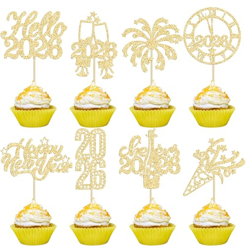 Gyufise 24Pcs 2026 Happy New Year Cupcake Toppers Gold Glitter Firework Clock Hello 2026 Cheers to 2026 Cupcake Pick Decorations for New Years Eve Party Favor Decorations Supplies