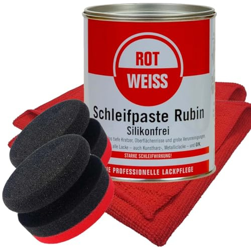 Craft-Equip Politurset bestehend aus Rotweiss Schleifpaste Rubin 750ml + Handpolierschwämme + Microfasertücher