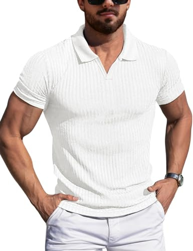 AIYINO Men’s T Shirt Muscle Fit V Neck Polo Tshirt Knitted Slim fit Polo Shirts for Men Adult White L