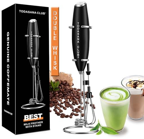 TODASANA CLUB® Mejor Mezclador de mano | con batidor de leche | doble espiral, soporte de acero, espumador de alta potencia | 19000rpm/min mezclador eléctrico de bebidas para capuchino, frappé, cremas