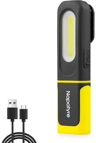 Napatyre Lampe de Poche, Lampe de Travail LED Rechargeable avec Base Magnétique, Baladeuse LED Lampe Atelier avec Crochet à 360 Degrés, Lampe Torche pour Auto, Atelier, Camping et Urgence (1 Pièces)