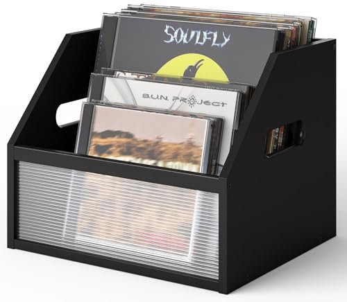 Vriccc Black Record Album Storage Crate, Bamboo & Acrylic Vinyl ​Record Crate, Multifunctional Visible Record Holder Crate with Handle, Great for Storing Vinyl ​Record Albums (Semioblique edge_Black)