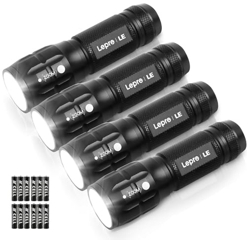 Lighting EVER LED Flashlights High Lumens, Small Flashlight, Waterproof, Adjustable Focus Flash Light for Outdoor, Emergency, Camping, AAA Batteries Included, 4 Pack