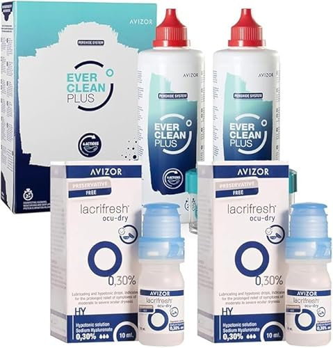 Avizor EverClean Plus 2x350ml + 90 Tablets & Lacrifresh Ocu-Dry 0.30% 2x10ml – Contact Lens Cleaning Solution and Lubricating Eye Drops for Dry Eyes