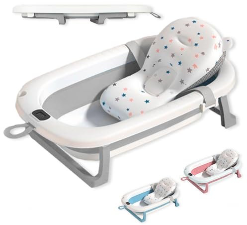 JUPPLIES Bañera Plegable Bebe con Cojin Ergonomico - Bañera Bebe con Patas Plegables Antideslizantes - Bañerita Bebe Portatil y Facil de Guardar - Bañeras para Bebes Banheira (Gris, Con Termómetro)