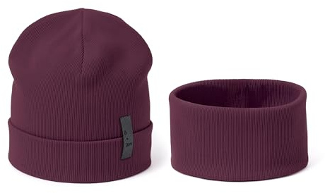Bubalove Babymütze und Babyschale Set | Kinder Cap und Schal für Kleinkind | Baumwollmütze Schalmütze Kinder | Übergangsmütze Beaniebabys Baumwoll Mütze Kleinkinder | G: 6-12 Jahre Pflaume