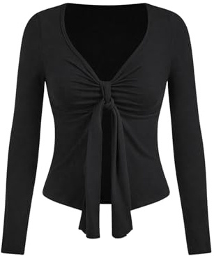 GORGLITTER Women's Tie Knot Front V Neck T Shirts Ruched Slit Hem Casual Long Sleeve Y2K Going Out Tops Black S