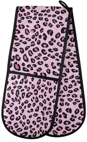 Oven Gloves Double Oven Gloves Leopard Print Cheetah Pink Oven Mitts Pot Holder Heat Resistant Quilted for BBQ Baking Kitchen Cooking Gloves