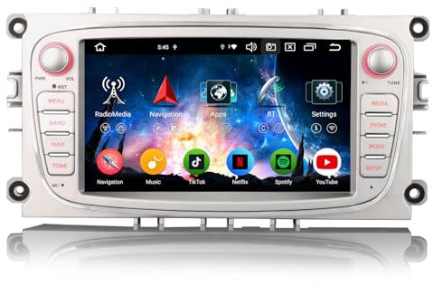 8-Kern 4GB+64GB 7 Zoll Android 14 Autoradio Bluetooth mit GPS Navi Für Ford C-Max S-Max Focus Galaxy Mondeo Unterstützt CarPlay Android Auto DAB+ WiFi 4G FM DSP USB OBD2 DVB-T2 IPS Touchscreen