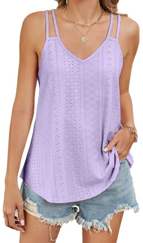 SamHeng Camiseta de Verano Sin Mangas para Mujer, Sexy Cuello en V Tirantes Finos Tank Tops Ojetes Huecos Bordado Camisetas de Tirantes Holgadas Elegante Básica Camisa Blusa Casual Cami (Morado-L)