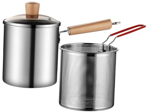 FUNNETOYU Olla para Freír Doméstica de Acero Inoxidable de 3l con Mango de Madera y Filtro, Adecuado para Cocinar y Preparar Alimentos para Bebés