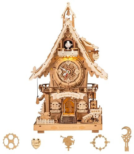 ROKR Kuckucksuhr 3D Holzpuzzle Erwachsene Holzuhr Modellbausätze Geschenk für Männer Frauen Holzfarbe LC901