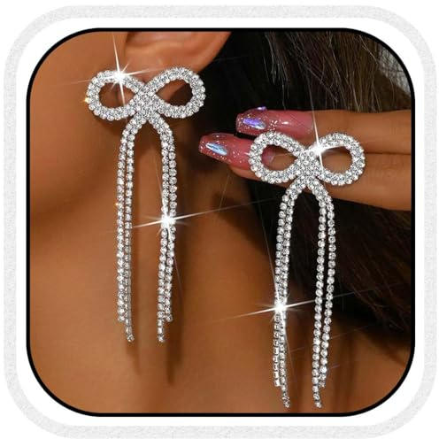 Atigy Silberne Strass Schleifen Ohrringe lange Kristall quasten Ohrringe funkelnde Ohrringe Schmuck für Frauen (Silber)