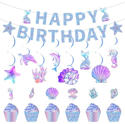 Mermaid Party Decorations, Mermaid Cake Toppers, Mermaid Birthday Banner, 21 Pcs under the sea with Hanging Swirls, Mermaids Birthday Decorations for Girls Party